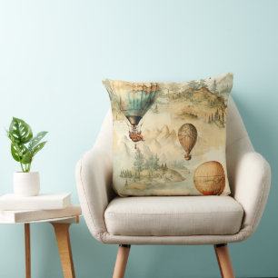 Whimsical Hot Air Balloon Mountain Map Throw Pillow