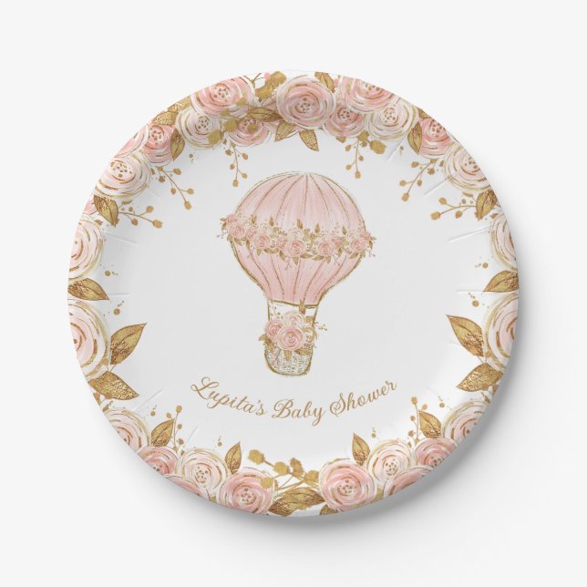 Whimsical Hot Air Balloon Rose Baby Shower Paper Plates (Front)