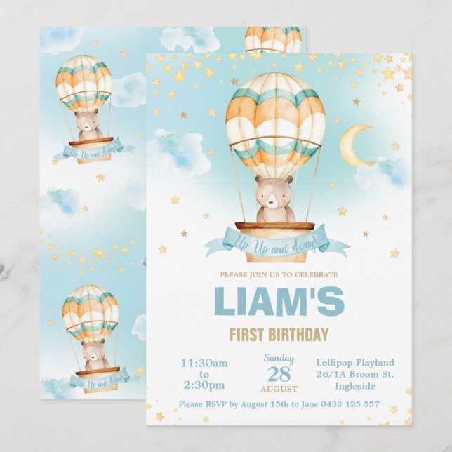 Whimsical Hot Air Balloon Teddy Bear Boy Birthday Invitation (Front/Back)