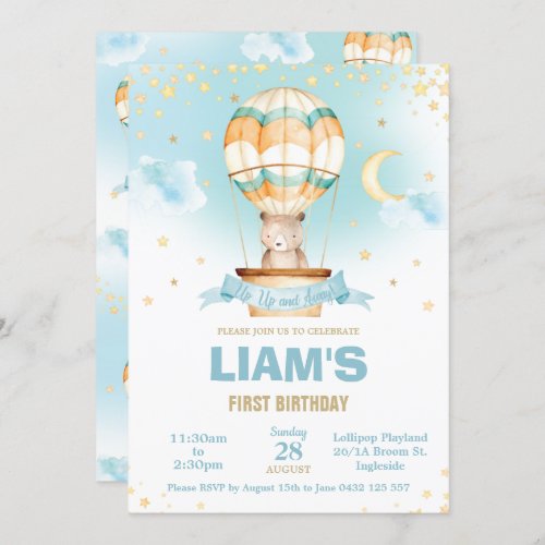 Whimsical Hot Air Balloon Teddy Bear Boy Birthday Invitation