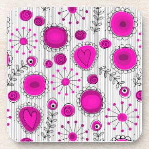 Whimsical hot pink white hearts and flowers floral beverage coaster