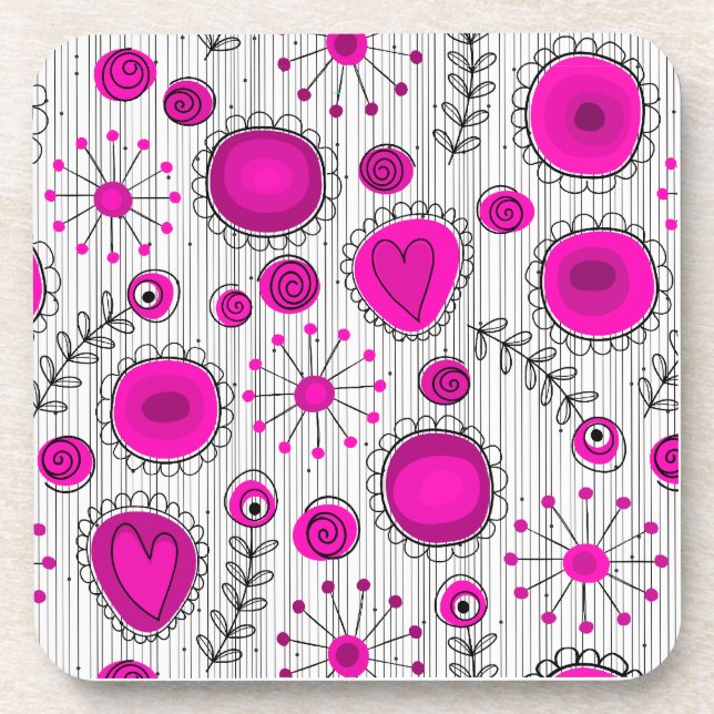 Whimsical hot pink white hearts and flowers floral beverage coaster (Front)