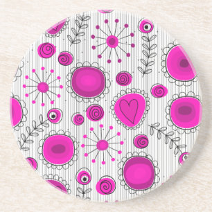 Whimsical hot pink white hearts and flowers floral drink coaster