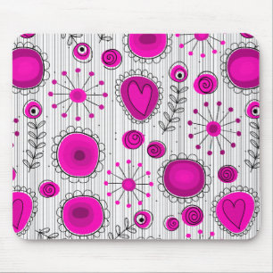 Whimsical hot pink white hearts and flowers floral mouse pad