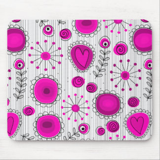 Whimsical hot pink white hearts and flowers floral mouse pad