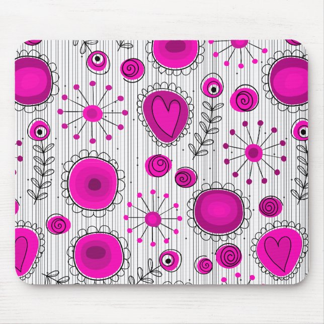 Whimsical hot pink white hearts and flowers floral mouse pad (Front)