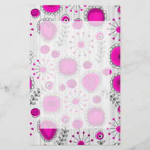 Whimsical hot pink white hearts and flowers floral stationery