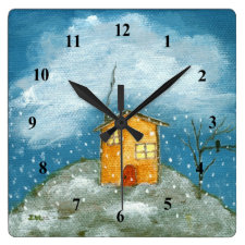 Whimsical House Snowstorm Tree Folk Art Painting Square Wall Clock