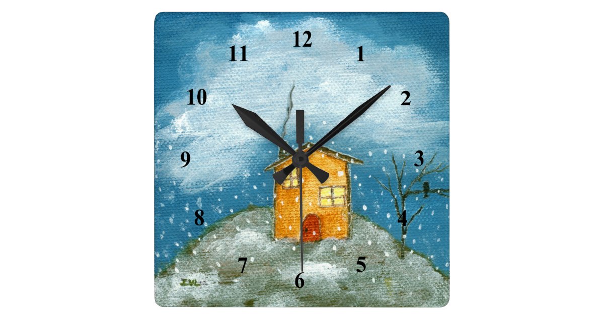 Whimsical House Snowstorm Tree Folk Art Painting Square Wall Clock