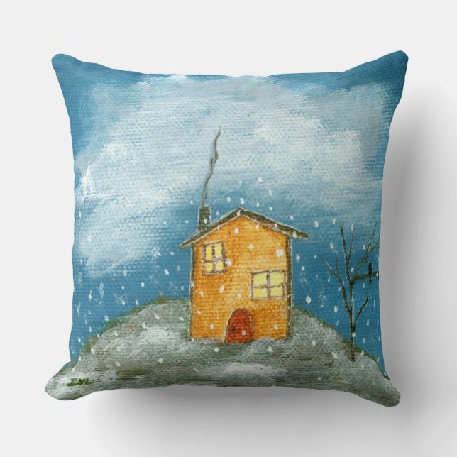 Whimsical House Snowstorm Tree Folk Art Painting Throw Pillow (Front)