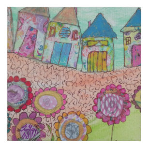 Whimsical Houses and Flowers Faux Canvas Print