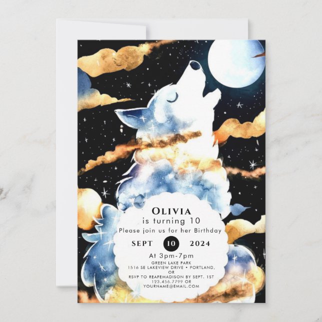 Whimsical Howling Wolf Birthday Invitation (Front)