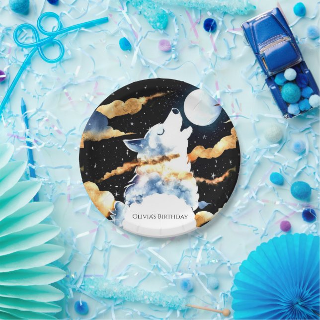 Whimsical Howling Wolf Birthday Paper Plates (Party)