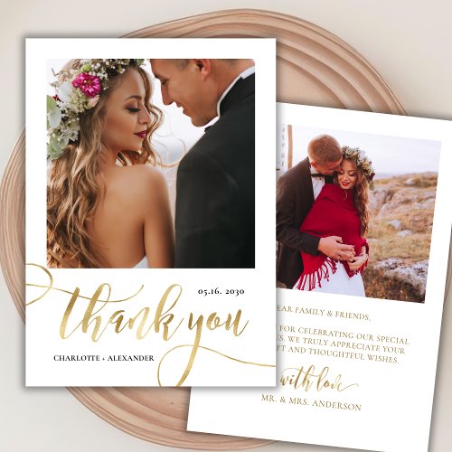 Whimsical Huge Gold Script 2 Photo Wedding  Thank You Card