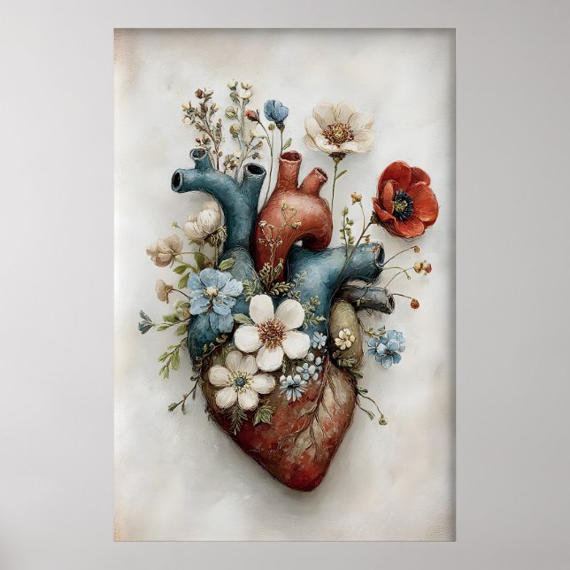 Whimsical Human Heart Flowers Print, Anatomical Poster (Front)