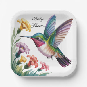 Whimsical Hummingbird Floral Baby Shower Paper Plates