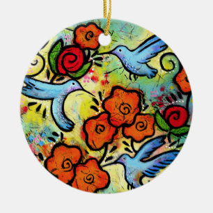 Whimsical Hummingbird Garden Colorful Bird Ceramic Ornament