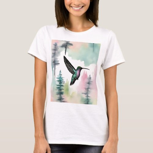 Whimsical Hummingbird Pastel Trees T_shirt