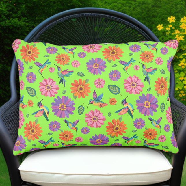 Whimsical Hummingbirds Colorful Flower Patttern Outdoor Pillow (Creator Uploaded)