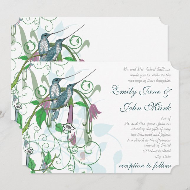 Whimsical Hummingbirds Wedding Invitation #2 (Front/Back)