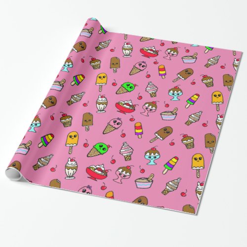 Whimsical Ice Cream and Cherries Birthday Wrapping Paper