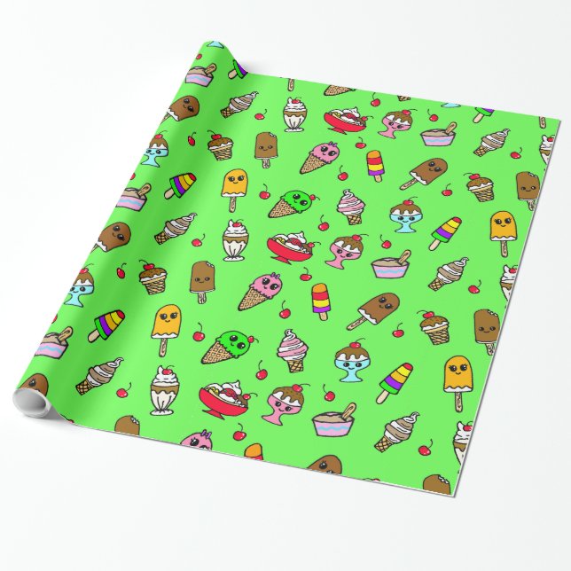 Whimsical Ice Cream and Cherries Birthday Wrapping Paper (Unrolled)
