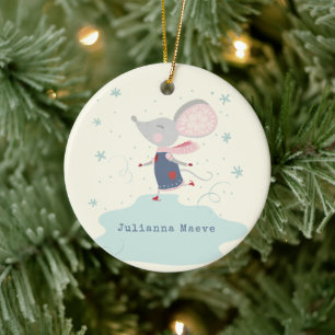 Whimsical Ice Skater Mouse Holiday Name Custom Ceramic Ornament