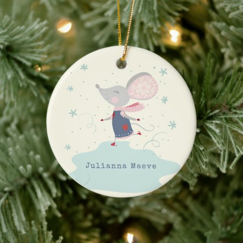 Whimsical Ice Skater Mouse Holiday Name Custom Ceramic Ornament