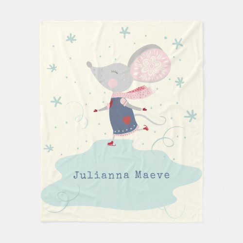 Whimsical Ice Skater Mouse Holiday Name Custom Fleece Blanket