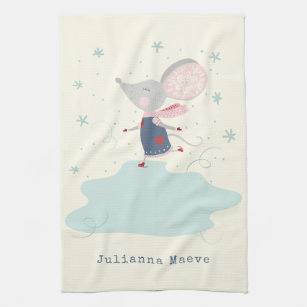 Whimsical Ice Skater Mouse Holiday Name Custom Kitchen Towel