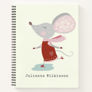 Whimsical Ice Skater Mouse Holiday Name Custom Notebook