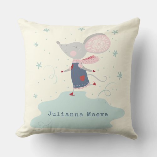 Whimsical Ice Skater Mouse Holiday Name Custom Throw Pillow