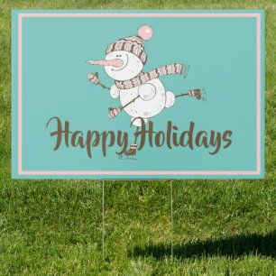 Whimsical Ice Skating Snowman Customizable Yard Sign