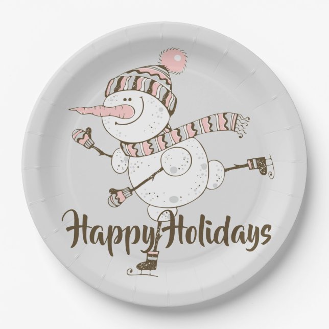 Whimsical Ice Skating Snowmen  Paper Plates (Front)