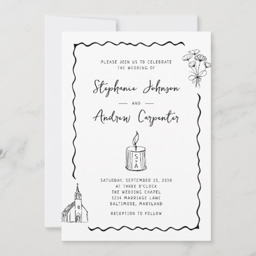 Whimsical Illustrated Black and White Wedding Invitation