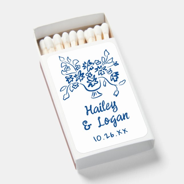 Whimsical Illustrated Floral Modern Fun Wedding Matchboxes (Front Open)