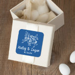 Whimsical Illustrated Floral Modern Fun Wedding Square Sticker<br><div class="desc">This modern wedding favor sticker features a hand-drawn floral illustration and hand-lettered typography in white over the perfect shade of blue. The look is handmade and fun,  yet still romantic and elegant! See the collection for more items.</div>