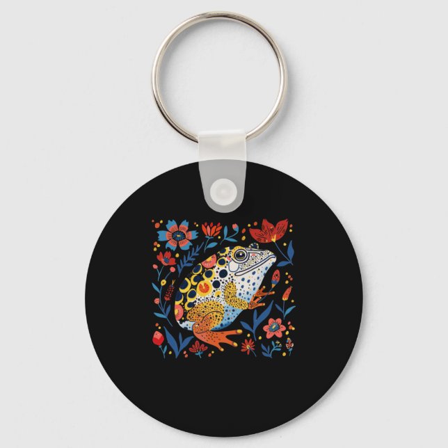 Whimsical Illustrated Frog With Vibrant Floral Bac Keychain (Front)