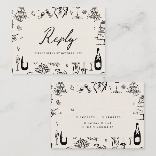 Whimsical illustrated Hand Drawn Wedding RSVP Card (Front/Back)