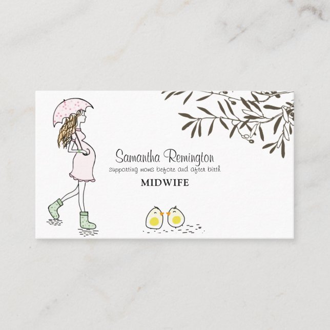 Whimsical Illustrated Midwife Doula Pregnant Mom Business Card (Front)