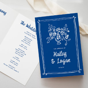 Whimsical Illustrated Modern Blue Wedding Ceremony Program