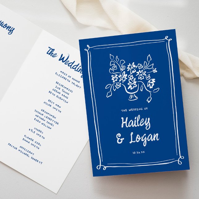 Whimsical Illustrated Modern Blue Wedding Ceremony Program (Creator Uploaded)