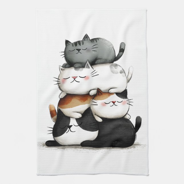 Whimsical Illustration of a Stack of Adorable Cats Kitchen Towel (Vertical)