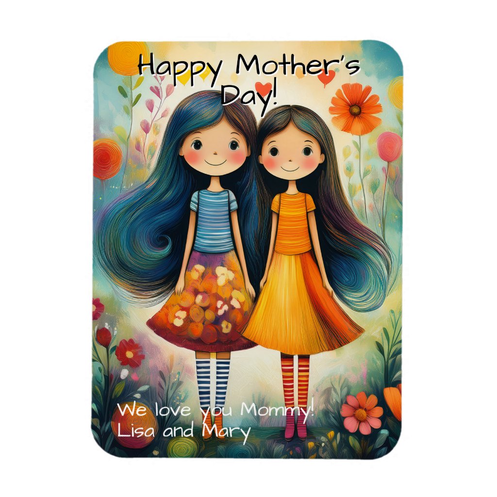 Whimsical illustration of two girls Mother’s Day