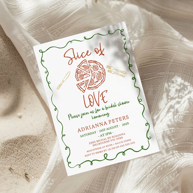 Whimsical Illustration Slice Of Love Bridal Shower Invitation (Slice Of Love Bridal Shower Invitation Whimsical Hand Drawn Illustration, Pizza Cutlery Red Green)