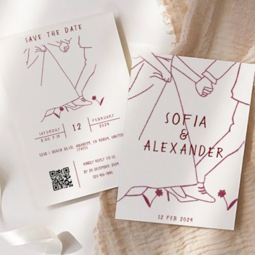 Whimsical Illustration With QR Code RSVP Wedding Invitation