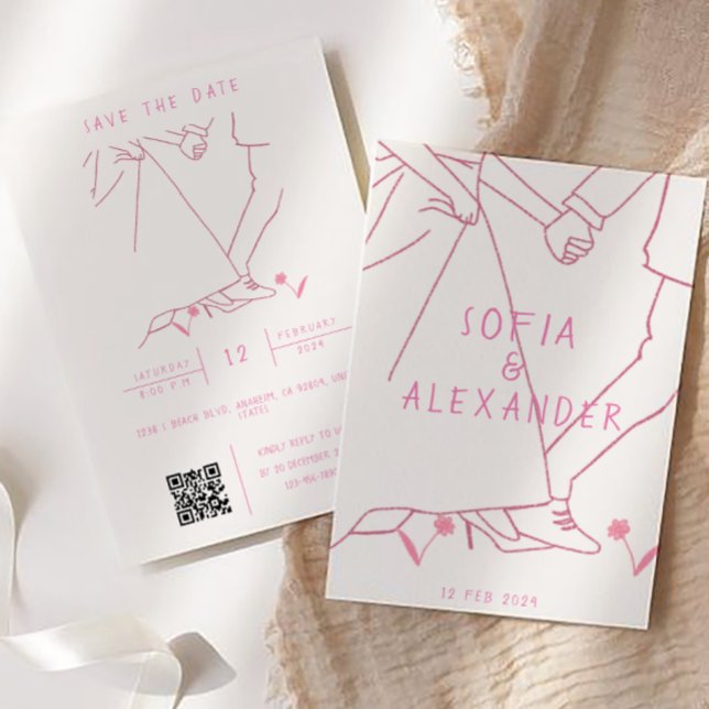 Whimsical Illustration With QR Code RSVP Wedding Invitation (Wedding Invitation)