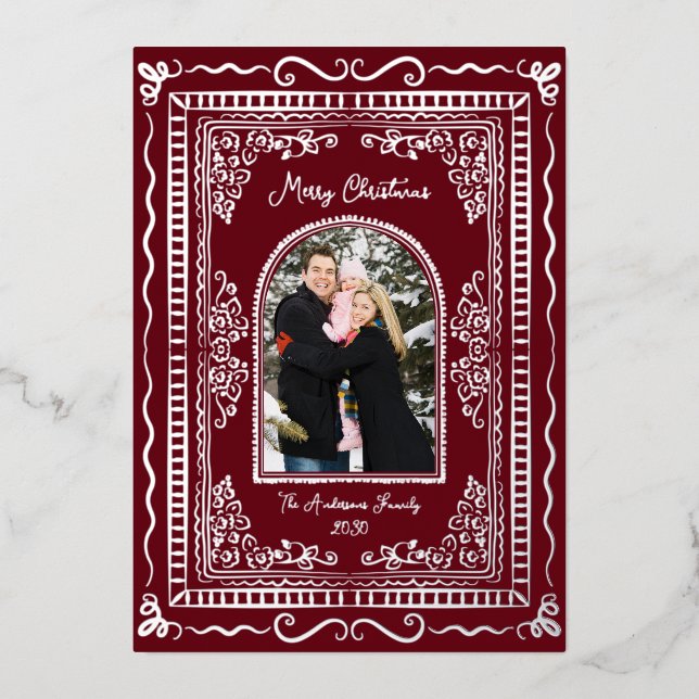 Whimsical Illustrative Christmas Five Photo Foil Holiday Card (Front)
