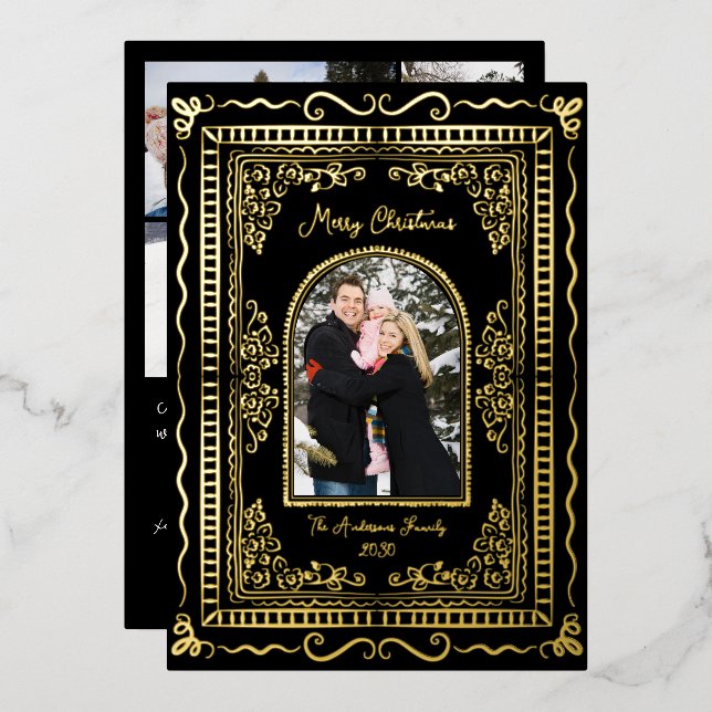 Whimsical Illustrative Christmas Five Photo Foil Holiday Card (Front/Back)