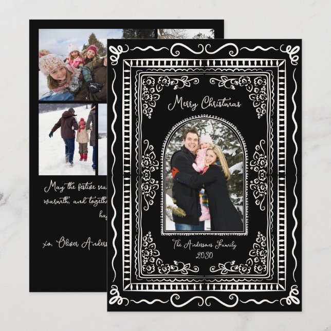 Whimsical Illustrative Christmas Five Photo Holida Holiday Card (Front/Back)